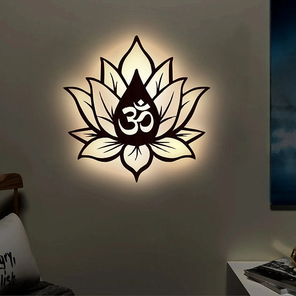 Wooden Finish Om Lotus backlit Wall Decor with light