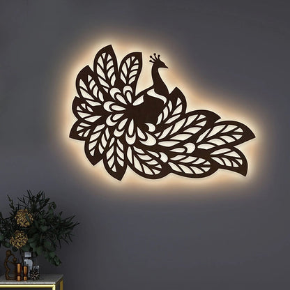 Beautiful Peacock Wings Designer Art Backlit Wooden Wall Decor with LED Night