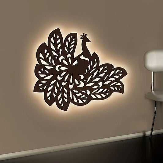 Beautiful Peacock Wings Designer Art Backlit Wooden Wall Decor with LED Night