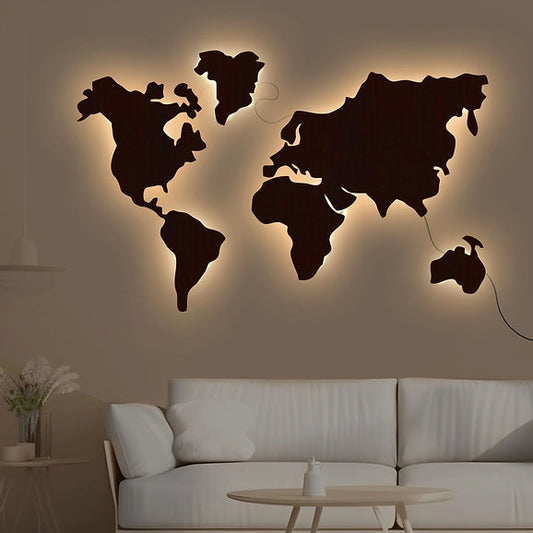 World Map Backlit Wooden Wall Decor with LED Night Light