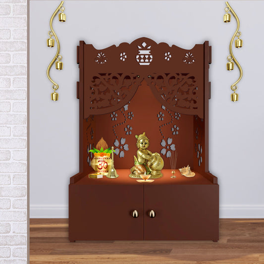 Beautiful Flower Design Pattern Floor Temple with Spacious Wooden Shelf & Inbuilt Focus Light- Brown Finish