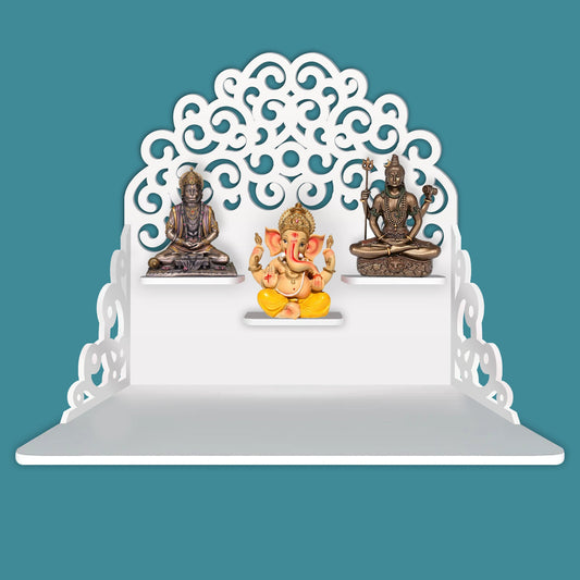 Classic Pattern Designer Wall Hanging Wooden Temple/ Pooja Mandir Design with Shelf, White Color
