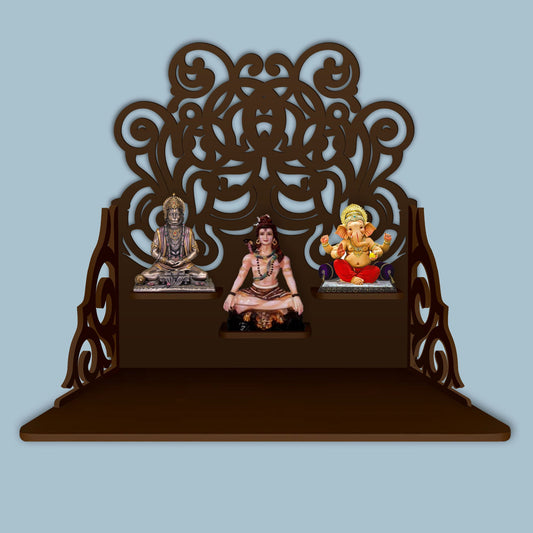 Beautiful Floral Pattern Wall Hanging Wooden Temple/ Pooja Mandir Design with Shelf, Brown Color