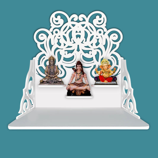 Beautiful Floral Pattern Wall Hanging Wooden Temple/ Pooja Mandir Design with Shelf, White Color