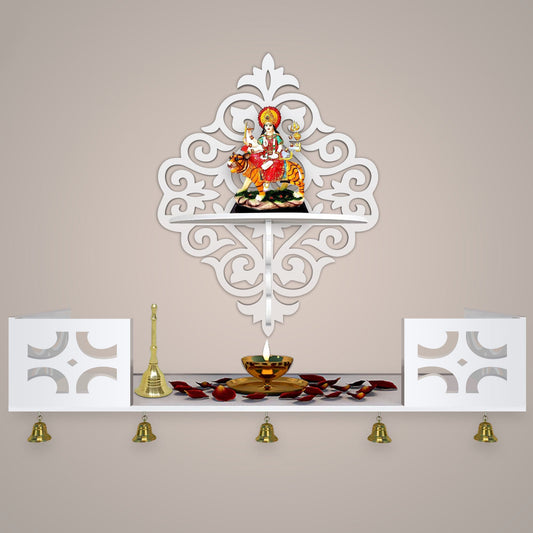 Modern Designer Pattern Wall Hanging Wooden Temple/ Pooja Mandir Design with Shelf, White Color