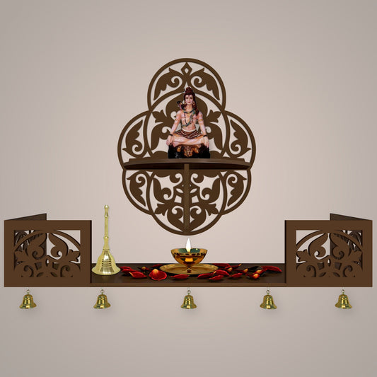 Beautiful Designer Pattern Wall Hanging Wooden Temple/ Pooja Mandir Design with Shelf, Brown Color