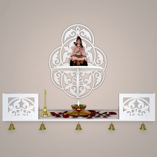 Beautiful Designer Pattern Wall Hanging Wooden Temple/ Pooja Mandir Design with Shelf, White Color