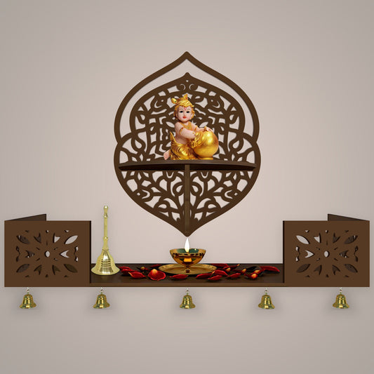 Intricate Jali Designer Shaped Wall Hanging Wooden Temple/ Pooja Mandir Design with Shelf, Brown Color