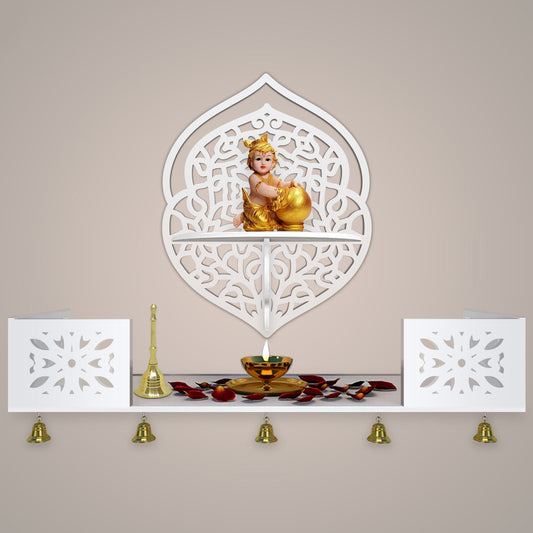 Intricate Jali Designer Shaped Wall Hanging Wooden Temple/ Pooja Mandir Design with Shelf, White Color