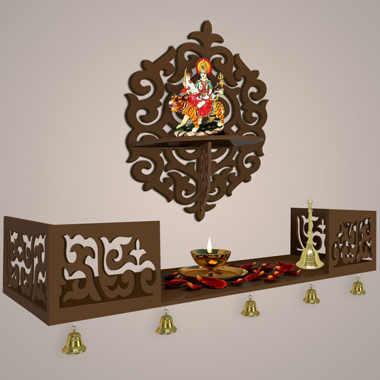 Unique Designer Beautiful Wall Hanging Wooden Temple/ Pooja Mandir Design with Shelf, Brown Color