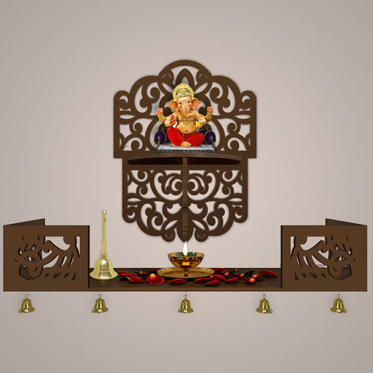 Divine Beautiful Wall Hanging Wooden Temple/ Pooja Mandir Design with Shelf, Brown Color