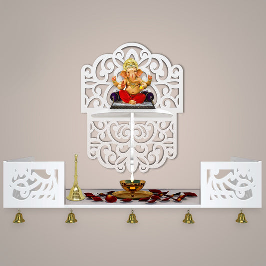 Divine Beautiful Wall Hanging Wooden Temple/ Pooja Mandir Design with Shelf, White Color