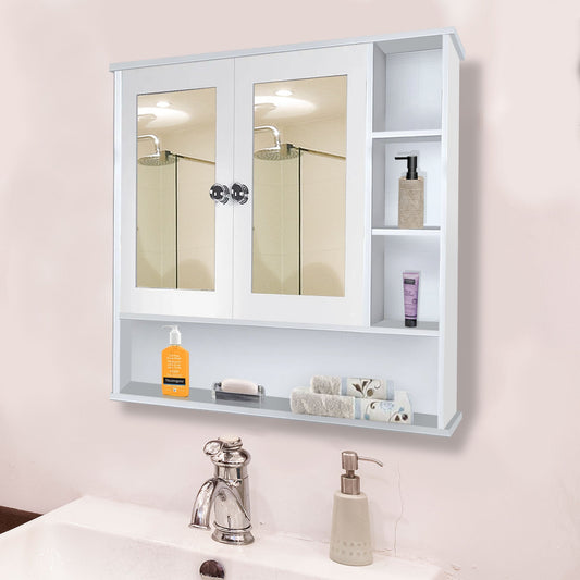 Premium Space Saving Bathroom Mirror Cabinet with 6 Spacious Shelves with Wooden White Finish