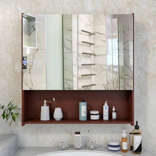 Beautiful Wooden Bathroom Organizer Cabinet with Mirror & 4 Spacious Shelves with Brown Finish