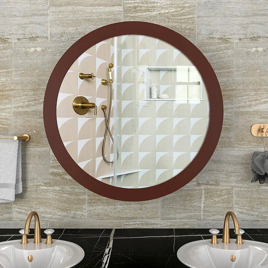 Modish Circular Shaped Wooden Bathroom Cabinet Mirror with 2 Spacious Shelves with Brown Finish