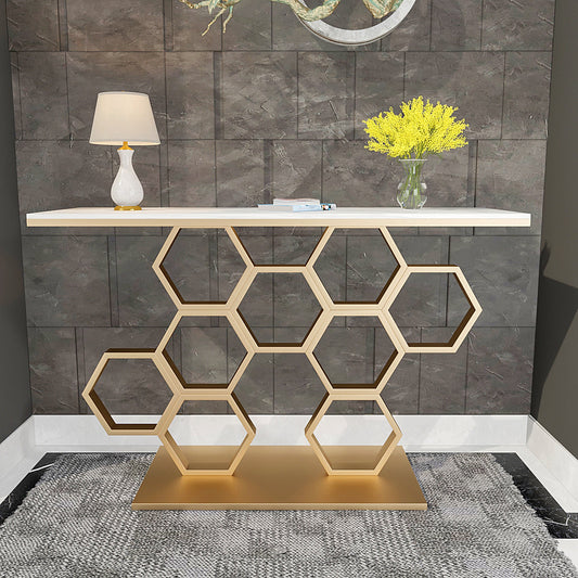 Honeycomb Motif Golden Metal Finish Console Table
