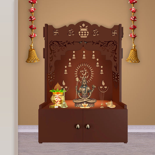 Holy Symbol Om Chakra Floor Temple with Spacious Wooden Shelf & Inbuilt Focus Light- Brown Finish