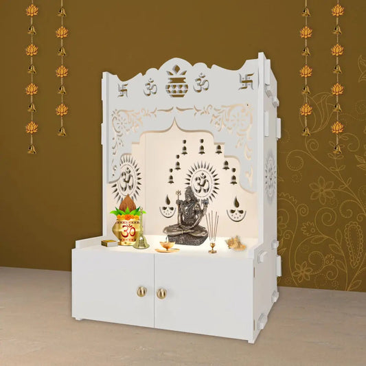 Holy Symbol Om Chakra Floor Temple with Spacious Wooden Shelf & Inbuilt Focus Light- White Finish