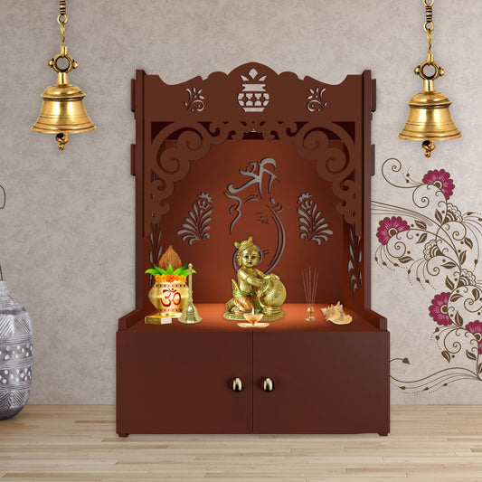 Beautiful Design of Shri Ganesh Floor Temple with Spacious Wooden Shelf & Inbuilt Focus Light- Brown Finish