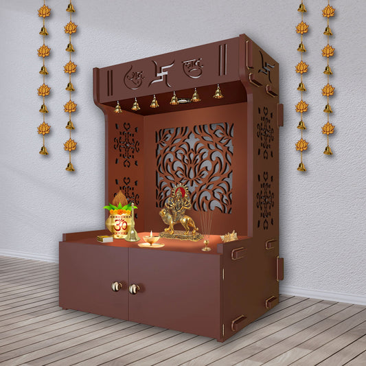 Designer Intricate Jali Design Pattern Floor Temple with Spacious Wooden Shelf & Inbuilt Focus Light- Brown Finish
