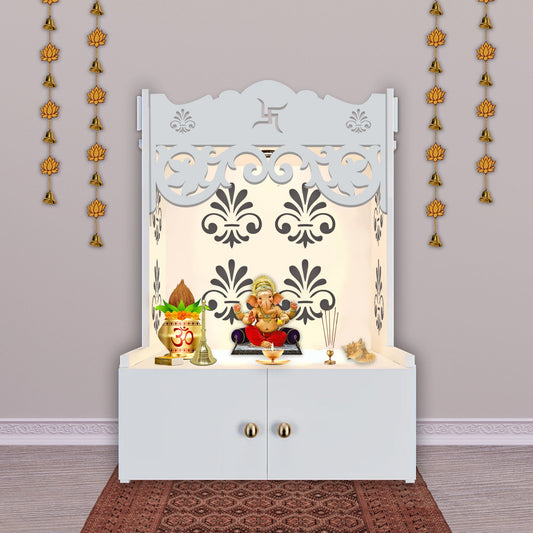Floral Designer Pattern Floor Temple with Spacious Wooden Shelf & Inbuilt Focus Light- White Finish