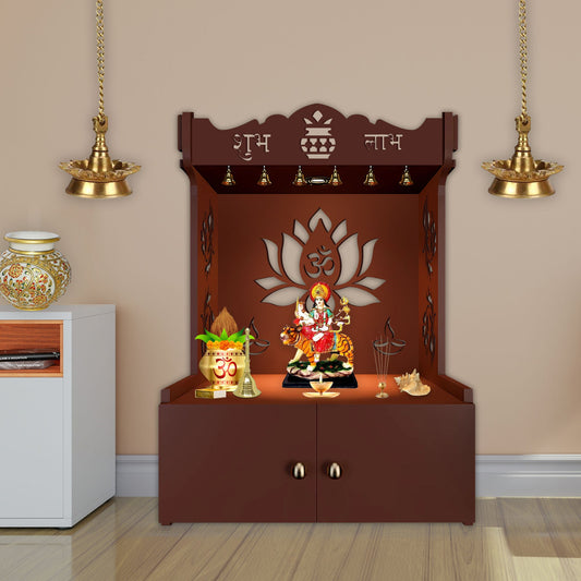 Beautiful Lotus Pattern Floor Temple with Spacious Wooden Shelf & Inbuilt Focus Light- Brown Finish