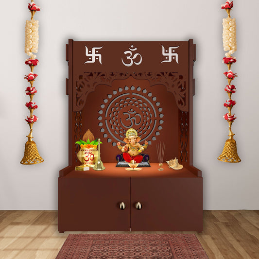 Designer Om Chakra Floor Temple with Spacious Wooden Shelf & Inbuilt Focus Light- Brown Finish