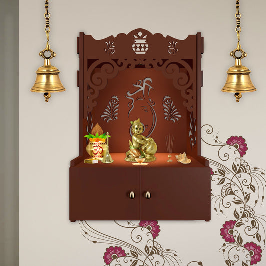 Beautiful Design of Lord Ganesh Brown Wooden Wall Temple for Home With Inbuilt focus Lights & Spacious Shelf
