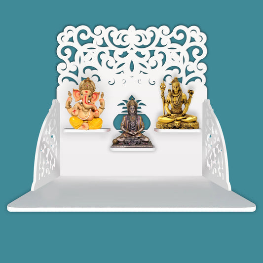 Aesthetic Designer Art Wall Hanging Wooden Temple/ Pooja Mandir Design with Shelf, White Color