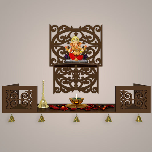 Aesthetic Pattern Designer Square Shaped Wall Hanging Wooden Temple/ Pooja Mandir Design with Shelf, Brown Color