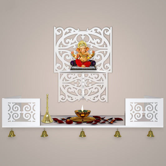 Aesthetic Pattern Designer Square Shaped Wall Hanging Wooden Temple/ Pooja Mandir Design with Shelf, White Color