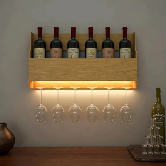 Premium Look Backlit MDF Wooden Mini Bar Wall Shelf in Light Oak Finish