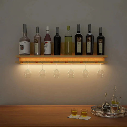 Aesthetic Backlit Look MDF Wooden Mini Bar Shelf in Light Oak Finish