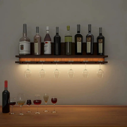 Aesthetic Backlit Look MDF Wooden Mini Bar Shelf in Walnut Finish