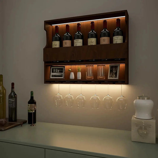 Exquisite Designer Backlit MDF Mini Bar Shelf in Walnut Finish