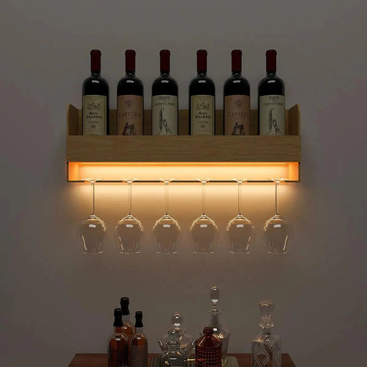 Minimalistic Design Artistic Backlit Wall Mounted Mini Bar Shelf in Light Oak Finish