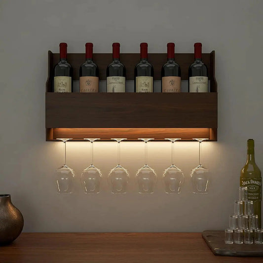 Premium Spacious Design Backlit MDF Mini Bar Shelf in Walnut Finish