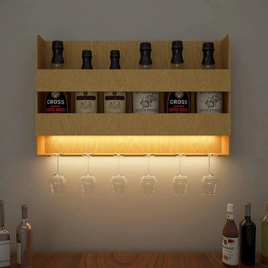 Aesthetic Look Backlit Wooden Wall Mounted Mini Bar Shelf in Light Oak Finish