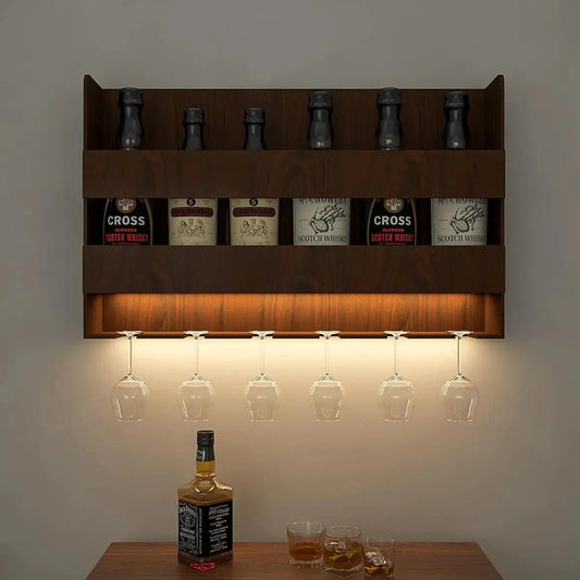 Sturdy Designer Backlit MDF Bar Wall Shelf / Mini Bar Shelf in Walnut Finish