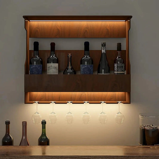 Artistic Premium Backlit Design MDF Bar Wall Shelf / Mini Bar Shelf in Walnut Finish