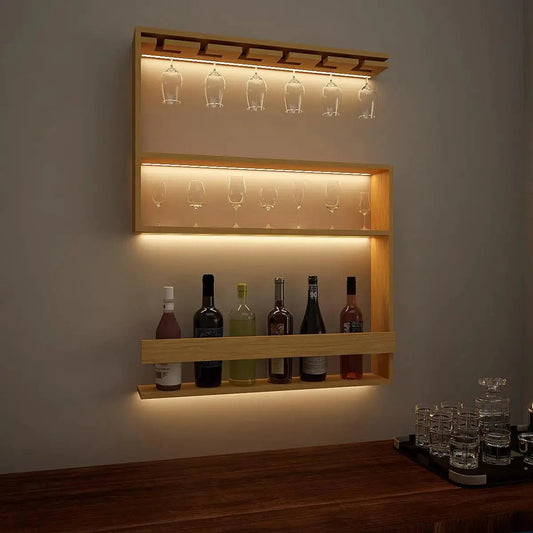 Modern Designer Backlit MDF Bar Wall Shelf / Mini Bar Shelf in Light Oak Finish