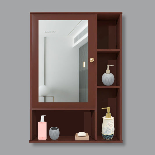 Aesthetic Wooden Bathroom Cabinet Mirror with 6 Spacious Shelves Finish Solid Brown