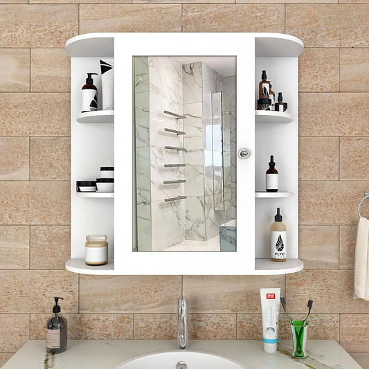 Modern Wooden Bathroom Cabinet Mirror with 10 Spacious Shelves with White Finish