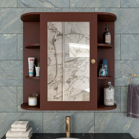 Designer Wooden Bathroom Cabinet Mirror with 10 Spacious Shelves with Brown Finish