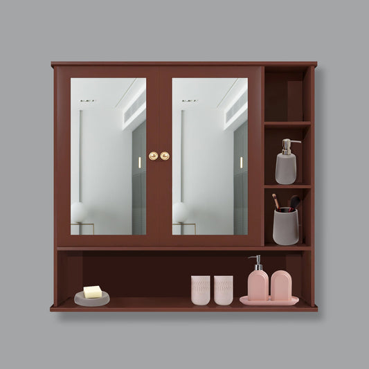 Premium Space Saving Bathroom Mirror Cabinet with 6 Spacious Shelves with Wooden Brown Finish