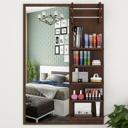 Beautiful Modern Dressing Mirror Shelves with Walnut Finish