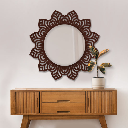 Floral Design Art Decorative Round Wooden Wall Mirror