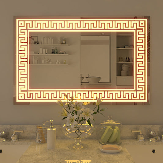 Designer Greek Key Motif Shape LED Rectangular Bathroom Mirror