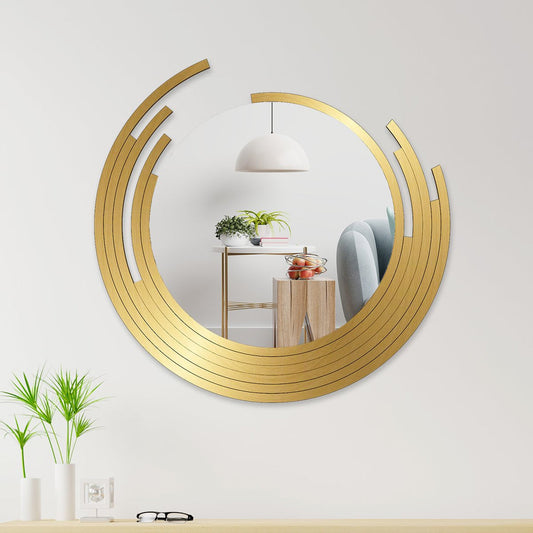 Beautiful Decorative Wooden Wall Mirror Rounded Shape with Golden Finish Frame