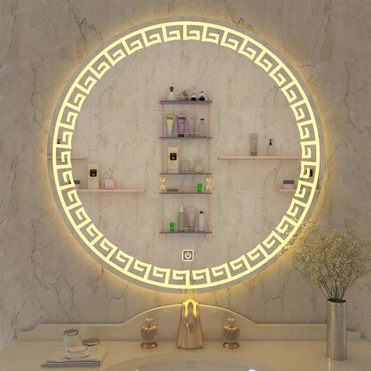 Beautiful Greek Key Motif Design LED Round Shape Bathroom Mirror